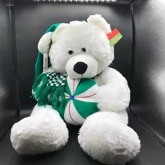 Large 30 in White Polar Bear with Scarf & Piece of Candy Green & White NWT - Picture 1 of 11